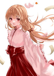 Rule 34 | &gt; &lt;, 1girl, :d, absurdres, blush, bow, brown hair, commentary request, fang, floating hair, hair ornament, hair ribbon, hakama, hakama skirt, highres, japanese clothes, kagami mochi, kimono, long hair, long sleeves, looking at viewer, low twintails, maria (syake-uni), miko, nail polish, natori sana, open mouth, pinching sleeves, rabbit hair ornament, red bow, red eyes, red hakama, red nails, red ribbon, ribbon, ribbon-trimmed sleeves, ribbon trim, sana channel, simple background, skirt, sleeves past wrists, smile, solo, twintails, very long hair, virtual youtuber, white background, white kimono, wide sleeves