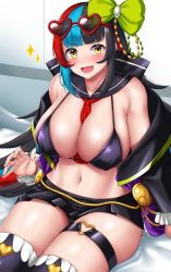 Rule 34 | 1girl, bare shoulders, bikini, bikini top only, black bikini, black coat, black hair, black skirt, black thighhighs, blue hair, blush, bow, breasts, cleavage, coat, detached collar, eyewear on head, fate/grand order, fate (series), frills, green bow, hair bow, heart, heart-shaped eyewear, highres, hitotsuki nebura, large breasts, layered skirt, long hair, long sleeves, looking at viewer, miniskirt, multicolored hair, navel, off shoulder, open clothes, open coat, popped collar, red hair, red neckwear, sailor collar, sei shounagon (fate), sei shounagon (swimsuit berserker) (fate), sei shounagon (swimsuit berserker) (third ascension) (fate), sidelocks, skirt, solo, sunglasses, swimsuit, thighhighs, thighs, very long hair, yellow eyes