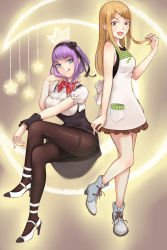 Rule 34 | 10s, 2girls, :d, :q, absurdres, adjusting hair, apron, bad id, bad pixiv id, bare shoulders, blonde hair, blue eyes, breasts, brown eyes, crescent moon, crown, dagashi kashi, earrings, endou saya, fang, flower, hair flower, hair ornament, hair ribbon, hairband, hairclip, high heels, highres, jewelry, large breasts, crossed legs, long hair, looking at viewer, moon, multiple girls, nail polish, on crescent, open mouth, pantyhose, playing with own hair, purple hair, ribbon, ringed eyes, shidare hotaru, short hair, sitting, smile, star (symbol), thighband pantyhose, tongue, tongue out, zhano kun