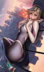 Rule 34 | 1girl, ass, bodysuit, breasts, city, gwen stacy, hairband, highres, hood, hood down, large breasts, liang xing, looking at viewer, marvel, medium hair, open mouth, parted lips, signature, skin tight, spider-gwen, spider-man: across the spider-verse, spider-man: into the spider-verse, spider-man (series), spider-verse, spider web print, tight clothes, wind