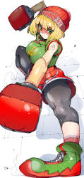 Rule 34 | 1girl, arms (game), beanie, blonde hair, bob cut, boxing gloves, capri pants, domino mask, fighting stance, green eyes, green footwear, hat, high tops, highres, kicking, knit hat, mask, min min (arms), orange hat, orange shorts, pants, pantyhose, pantyhose under shorts, perspective, shoes, short hair, shorts, sneakers, solo, takayama toshinori, toaster (arms)