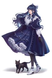 Rule 34 | 1girl, animal, artist name, black cat, black gloves, black pantyhose, blue capelet, blue dress, blue eyes, blue hair, bow, capelet, cat, commentary, dress, english commentary, final fantasy, final fantasy xiv, frills, full body, gloves, hair bow, highres, long hair, long sleeves, looking at viewer, pantyhose, puffy sleeves, simple background, smile, two-tone bow, two-tone dress, warrior of light (ff14), white background, white dress, white footwear, winterleigh, wynteria lei