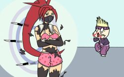 Rule 34 | 1boy, 1girl, armpits, artist request, black mask, blood, blush, bodysuit, boyshort panties, bra, breasts, capcom, chain, cleavage, collarbone, defeat, delinquent, embarrassed, eyelashes, green eyes, heart, heart print, high ponytail, himezaki aoi, humiliation, humor, justice gakuen, knife, leather, legs, long hair, looking at viewer, mask, medium breasts, midriff, moero! justice gakuen, mouth mask, neck, nosebleed, panties, parted bangs, pink bra, pink panties, ponytail, red hair, sailor collar, sidelocks, skin tight, spiked hair, standing, thighs, torn bodysuit, torn clothes, tsundere, underwear, very long hair