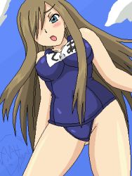 Rule 34 | 00s, 1girl, bad id, bad pixiv id, blush, breasts, embarrassed, hair over one eye, kuro hopper, large breasts, long hair, lowres, oekaki, one-piece swimsuit, open mouth, school swimsuit, solo, swimsuit, tales of (series), tales of the abyss, tear grants