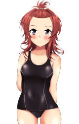 Rule 34 | 1girl, ahoge, alternate hairstyle, arashi (kancolle), arms behind back, black one-piece swimsuit, blush, breasts, collarbone, covered navel, embarrassed, forehead, gluteal fold, haoto (arnica leaf), highres, kantai collection, looking at viewer, medium hair, messy hair, old school swimsuit, one-piece swimsuit, purple eyes, red hair, school swimsuit, simple background, small breasts, solo, standing, swimsuit, wavy mouth, white background