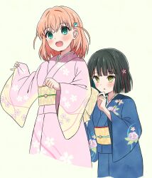 Rule 34 | 2girls, adjusting another&#039;s clothes, black hair, blue kimono, blunt bangs, blush, clenched hand, commentary request, cropped torso, floral print, flower knot, green eyes, hair ornament, highres, hinoshita kaho, japanese clothes, katanashi (ktnsh popu), kimono, link! like! love live!, long sleeves, love live!, momose ginko, multiple girls, obi, open mouth, orange hair, parted lips, pink kimono, sash, short hair, teeth, upper body, upper teeth only, virtual youtuber, white background, wide sleeves
