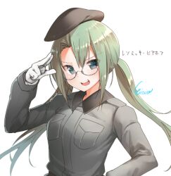 Rule 34 | 1girl, blue eyes, breasts, commentary request, eiri (eirri), glasses, gloves, green hair, grey jacket, hat, jacket, medium breasts, open mouth, original, signature, smile, solo, translation request, twintails, upper body, v-shaped eyebrows, white gloves