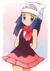 Rule 34 | 1girl, arms behind back, bare arms, beanie, blue eyes, blue hair, border, closed mouth, commentary request, cowboy shot, creatures (company), dawn (pokemon), eyelashes, game freak, hair ornament, hairclip, hat, highres, kyanos (b 0000ff), nintendo, pink skirt, pokemon, pokemon (anime), pokemon dppt (anime), scarf, shirt, skirt, sleeveless, sleeveless shirt, smile, solo, split mouth, white border, white hat
