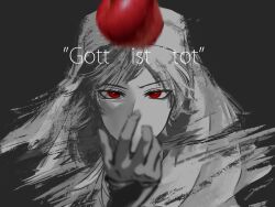 Rule 34 | 1boy, apple, eyelashes, food, fruit, german text, grey background, habit, highres, kamippoina (vocaloid), lauren iroas, long sleeves, looking at viewer, male focus, monochrome, nijisanji, red apple, red eyes, simple background, solo, straight-on, tossing, translated, virtual youtuber, yow-utsugi
