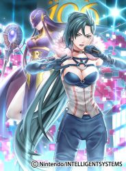 Rule 34 | 2girls, blue hair, breasts, choker, cleavage, closed mouth, company name, copyright name, elbow gloves, fire emblem, fire emblem cipher, gloves, holding, holding microphone, homa kura, kurono kiria, long hair, microphone, multiple girls, nintendo, official art, open mouth, ponytail, staff, tharja (gir#fe), tokyo mirage sessions fe, veil