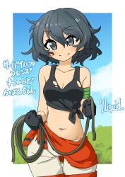 Rule 34 | 1girl, 370ml, artist name, black eyes, black gloves, black hair, black shirt, blue sky, breasts, closed mouth, cloud, cloudy sky, commentary, cowboy shot, front-tie top, gloves, highres, holding, holding rope, kaban (kemono friends), kemono friends, looking at viewer, medium breasts, outside border, red sarong, rope, sarong, shirt, short hair, shorts, sky, smile, solo, standing, survival friends, tank top, thigh gap, torn clothes, torn shirt, translated, wavy hair, white shorts
