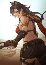 Rule 34 | 1girl, animal ears, ass, bad source, bare shoulders, belt, black belt, black hair, breasts, brown hair, brown pants, check copyright, copyright request, dehya (genshin impact), desert, earrings, fake animal ears, fingerless gloves, firolian, from behind, genshin impact, gloves, highres, holding hands, jewelry, large breasts, long hair, multicolored hair, outdoors, pants, smile, solo focus, torn clothes, torn pants, triangle earrings