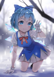 Rule 34 | 1girl, absurdres, blue bow, blue eyes, blue hair, blush, bow, breasts, cirno, closed mouth, collarbone, gloves, hair bow, highres, ice, ice wings, kneeling, large breasts, looking at viewer, mi shi de yun, short hair, smile, snow, snowing, solo, touhou, v, white gloves, wings