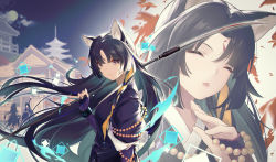 Rule 34 | 2girls, ^ ^, absurdres, animal ears, arknights, black hair, brown eyes, building, closed eyes, commentary, dog ears, hand up, head tilt, highres, holding, holding polearm, holding spear, holding weapon, huge filesize, infection monitor (arknights), japanese clothes, jiusan naitang, kimono, lava (arknights), lava the purgatory (arknights), long hair, multiple girls, multiple tails, naginata, official alternate costume, open mouth, pagoda, polearm, purple kimono, saga (arknights), spear, tail, upper body, very long hair, weapon