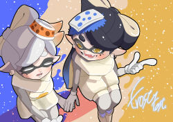Rule 34 | 2girls, blue background, bow-shaped hair, callie (splatoon), closed eyes, cousins, earrings, food, food on head, gloves, highres, holding hands, hoop earrings, inkling, jewelry, long hair, machiko machi, marie (splatoon), mole, mole under eye, multicolored background, multiple girls, nintendo, object on head, open mouth, pointy ears, short hair, signature, smile, splatoon (series), splatoon 3, star-shaped pupils, star (symbol), sushi, symbol-shaped pupils, teeth, tentacle hair, thick eyebrows, white background, white gloves, yellow background, yellow eyes