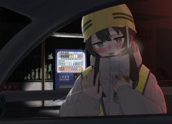 Rule 34 | 1girl, :d, blush, brown hair, can, car mirror, coat, construction worker, fence, grey eyes, hand up, highres, long sleeves, night, oissu tiwassu, open mouth, original, outdoors, red scarf, scarf, sidelocks, smile, stairs, standing, upper body, vending machine, vest