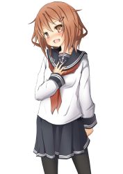 Rule 34 | 10s, 1girl, brown eyes, brown hair, highres, ikazuchi (kancolle), kantai collection, looking at viewer, mokichi812, pantyhose, personification, pleated skirt, school uniform, serafuku, skirt, solo, white background