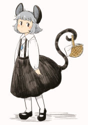 Rule 34 | 1girl, :/, alternate costume, animal ears, arms at sides, basket, black footwear, black skirt, blush, buttons, chii-kun (seedyoulater), collar, collared shirt, expressionless, full body, grey hair, holding, holding basket, holding with tail, jewelry, long skirt, long sleeves, looking away, looking to the side, mary janes, mouse ears, mouse tail, nazrin, necklace, nose blush, pantyhose, pendant, pink background, prehensile tail, puffy sleeves, red eyes, shadow, shirt, shoes, short hair, simple background, skirt, solo, standing, suspender skirt, suspenders, tail, tareme, touhou, white pantyhose, white shirt, wing collar