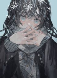 Rule 34 | 1girl, absurdres, bad id, bad twitter id, black hair, blue background, blue eyes, blue nails, covered mouth, hands up, highres, jacket, long hair, long sleeves, looking at viewer, nail polish, original, scarf, simple background, snowflakes, snowing, solo, upper body, urimoto, winter clothes