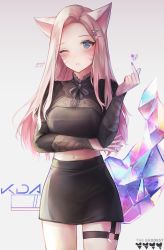 Rule 34 | 1girl, absurdres, ahri (league of legends), animal ears, black skirt, blonde hair, blue eyes, breasts, crystal tail, finger heart, fox ears, fox girl, highres, jeon yoa, k/da (league of legends), league of legends, looking at viewer, medium breasts, navel, one eye closed, skirt, solo, tail, the baddest ahri, thigh strap