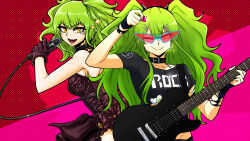 Rule 34 | 1girl, absurdres, black shirt, bracelet, collar, dual persona, earrings, girls&#039; frontline, glasses, green hair, guitar, hair ornament, hairclip, hairpin, highres, holding, holding guitar, holding instrument, holding microphone, holding plectrum, instrument, jewelry, long hair, looking at viewer, m950a (concert diva!) (girls&#039; frontline), m950a (girls&#039; frontline), m950a (headbanger syndrome) (girls&#039; frontline), microphone, official alternate costume, one eye closed, open mouth, plectrum, shirt, smile, spiked bracelet, spikes, star (symbol), star hair ornament, tryvor, twintails, yellow eyes