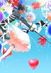 Rule 34 | 1boy, 1girl, absurdres, angel wings, balloon, black hair, black pants, black shirt, blue background, chest harness, commentary request, confetti, demon wings, dress, english text, floating hair, frills, green eyes, harness, heart balloon, highres, holding, holding sword, holding weapon, long sleeves, looking at another, midair, o-ring, o-ring thigh strap, open mouth, original, pants, popping, puffy long sleeves, puffy sleeves, purple eyes, puteru, rapier, shirt, short hair, smile, sword, tears, teeth, thigh strap, translation request, underbust, upper teeth only, wavy mouth, weapon, white dress, white footwear, white hair, wings