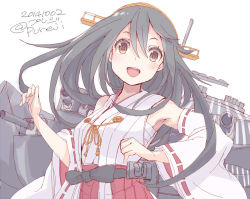 Rule 34 | 10s, 1girl, 2014, :d, armpits, bare shoulders, brown eyes, dated, detached sleeves, grey hair, hairband, haruna (kancolle), headgear, japanese clothes, kantai collection, long hair, looking at viewer, machinery, nontraditional miko, open mouth, pleated skirt, pureji oshou, red skirt, ribbon-trimmed sleeves, ribbon trim, simple background, skirt, smile, solo, twitter username, upper body, white background