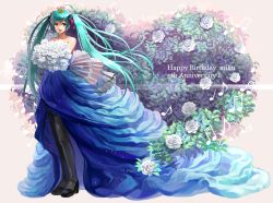 Rule 34 | 1girl, aqua eyes, aqua hair, bare shoulders, black pantyhose, bouquet, crown, dress, female focus, flower, happy birthday, hatsune miku, high heels, holding, koromono, long hair, looking at viewer, musical note, open mouth, pantyhose, rose, shoes, smile, solo, twintails, very long hair, vocaloid