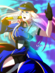 Rule 34 | 00s, blue eyes, gloves, hat, idol, macross, macross frontier, microphone, multicolored hair, music, neon lights, peaked cap, sheryl nome, short shorts, shorts, singing, solo, sparkle