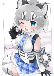 Rule 34 | 1girl, animal ears, bare shoulders, black gloves, blue eyes, blue necktie, blue skirt, cave lion (kemono friends), center frills, claw pose, collared shirt, detached sleeves, frilled skirt, frills, gloves, grey hair, highres, kemono friends, lion ears, lion girl, lion print, lion tail, looking at viewer, multicolored hair, necktie, one eye closed, plaid, plaid necktie, plaid skirt, print corset, print sleeves, print thighhighs, shirt, short hair, skirt, solo, tail, thighhighs, wakamizu, white hair, white shirt, white thighhighs, zettai ryouiki