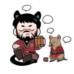 Rule 34 | 1boy, animalization, beard, black hair, blank speech bubble, chibi, closed eyes, cup, dragon age, dragon age 2, earrings, facial hair, facial mark, full beard, full body, garrett hawke, holding, holding cup, jewelry, kemonomimi mode, lineart, male focus, panther boy, panther ears, panther tail, pickleforstony, quokka, short hair, simple background, smile, speech bubble, varric tethras, white background