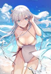 Rule 34 | 1girl, :d, anastasia (fate), bare shoulders, beach, blue cape, blue eyes, blue sky, blush, breasts, cape, cloud, collarbone, commentary, cowboy shot, day, fate/grand order, fate (series), floating hair, groin, hair between eyes, hair over one eye, tucking hair, hairband, leaning forward, long hair, looking at viewer, medium breasts, ocean, one-piece swimsuit, open mouth, outdoors, ritsuki, sand, signature, silver hair, sky, smile, solo, swimsuit, very long hair, wet, white one-piece swimsuit, wind