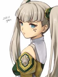 Rule 34 | 1girl, blue eyes, breasts, closed mouth, detached sleeves, facial mark, long hair, looking at viewer, silver hair, simple background, solo, tolone (xenogears), twintails, white background, xenogears, yamamori kinako