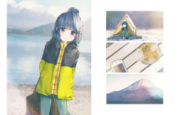 Rule 34 | 1girl, beach, blue hair, blurry, blurry background, closed mouth, day, food, hair bun, highres, jacket, lake, long hair, looking at viewer, mount fuji, noodles, outdoors, pants, phone, ramen, red eyes, ringosutta, shima rin, single hair bun, sky, smile, solo, standing, tent, vest, water, aged down, yurucamp