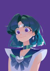Rule 34 | 1girl, absurdres, bishoujo senshi sailor moon, blue choker, blue hair, blue ribbon, choker, closed mouth, earrings, female focus, ga is, highres, jewelry, looking down, magical girl, mizuno ami, multicolored eyes, purple background, purple eyes, ribbon, sailor mercury, sailor senshi uniform, short hair, simple background, solo