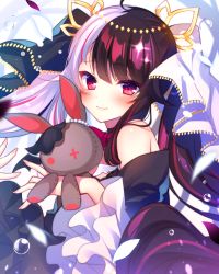 Rule 34 | alternate costume, blush, commentary request, detached sleeves, fingernails, gothic lolita, hair ornament, highres, lolita fashion, looking at viewer, multicolored hair, nijisanji, petals, portrait, red eyes, solo, split-color hair, stuffed animal, stuffed rabbit, stuffed toy, virtual youtuber, white background, yorumi rena, yorumi rena (4th costume), ytuorvi