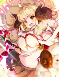 Rule 34 | 1girl, anila (granblue fantasy), blonde hair, blurry, breasts, cape, cleavage, depth of field, draph, fur cape, granblue fantasy, highres, horns, large breasts, long hair, midriff, miniskirt, navel, open mouth, pilokey, pleated skirt, pointing, sheep, sheep horns, short eyebrows, skirt, solo, yellow eyes