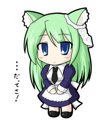 Rule 34 | 1girl, 7th dragon, 7th dragon (series), animal ears, apron, arietta (7th dragon), black footwear, black necktie, blue dress, blue eyes, blush, cat ears, chibi, closed mouth, collared dress, commentary request, dress, frilled apron, frills, full body, green hair, juliet sleeves, long hair, long sleeves, necktie, puffy sleeves, ri-net, simple background, solo, standing, translation request, very long hair, white apron, white background