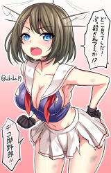 Rule 34 | 10s, 1girl, :o, black gloves, blue eyes, blush, breasts, brown hair, cleavage, collarbone, dirty, gloves, gradient background, hand on own hip, headgear, kantai collection, kase daiki, leaning forward, maya (kancolle), midriff, navel, open mouth, pink background, school uniform, serafuku, short hair, skirt, solo, torn clothes, translation request, twitter username