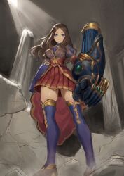 Rule 34 | 1girl, blue eyes, blue gloves, blush, breasts, brown dress, brown hair, dress, elbow gloves, fate/grand order, fate (series), forehead, full body, gauntlets, gloves, highres, large breasts, leonardo da vinci (fate), long hair, looking at viewer, parted bangs, puffy short sleeves, puffy sleeves, ranma (kamenrideroz), short sleeves, single gauntlet, thighhighs