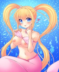 Rule 34 | 1girl, :p, ahoge, animal, bikini, bikini top lift, blonde hair, blue eyes, blush, breasts, closed mouth, clothes lift, collarbone, commentary request, commission, fish, hair between eyes, hair intakes, hands up, heart, highres, long hair, looking at viewer, medium breasts, mermaid, mermaid melody pichi pichi pitch, monster girl, nanami lucia, navel, nipples, pink bikini, pocopoco, skeb commission, smile, solo, swimsuit, tongue, tongue out, twintails, underwater, very long hair, water