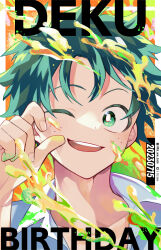 Rule 34 | 1boy, birthday, boku no hero academia, bright pupils, character name, collarbone, collared shirt, colored eyelashes, commentary request, fingernails, foreground text, freckles, green eyes, green hair, halftone, hand up, happy, highres, looking at viewer, male focus, midoriya izuku, one eye closed, open collar, open mouth, orange background, outside border, paint, paint stains, pillarboxed, pixiv id, pixiv logo, portrait, round teeth, shirt, short hair, smile, solo, splashing, teeth, text focus, timestamp, twitter logo, twitter username, ume (326310), upper teeth only, white pupils, wing collar