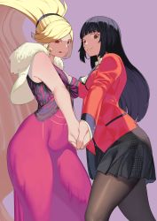 Rule 34 | 2girls, black hair, blonde hair, blue eyes, blunt bangs, breast press, breasts, brown eyes, brown legwear, capelet, cleavage, commentary, commission, commissioner upload, crossover, curvy, dress, english commentary, feather boa, grey skirt, heterochromia, highres, hilda (under night in-birth), hime cut, holding hands, houndstooth, interlocked fingers, jabami yumeko, jacket, kakegurui, large breasts, licking lips, long dress, long hair, multiple girls, pantyhose, pink background, pink dress, red eyes, red jacket, second-party source, skirt, slit pupils, suit jacket, suwaiya, symmetrical docking, thick thighs, thighs, tongue, tongue out, under night in-birth, very long hair