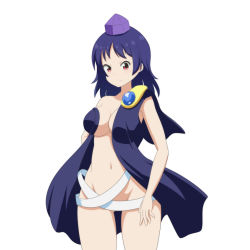 Rule 34 | 1girl, bare arms, blue hair, breasts, cato (monocatienus), cleavage, commentary request, cowboy shot, frown, groin, hat, highres, iizunamaru megumu, long hair, looking at viewer, medium breasts, navel, red eyes, revealing clothes, simple background, single bare shoulder, solo, tokin hat, touhou, white background