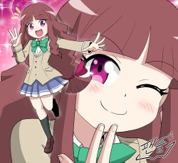 Rule 34 | 1girl, artist request, blush, brown hair, digimon, digimon ghost game, full body, happy, highres, long hair, looking at viewer, multiple views, naughty face, one eye closed, open mouth, pink eyes, school uniform, shiny skin, skirt, smile, standing, tsukiyono ruli, v, wink