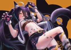 Rule 34 | absurdres, ahoge, animal ears, animal hands, black capelet, black hair, black nails, black shorts, breasts, capelet, cat ears, cat girl, cat tail, claw pose, fur-trimmed capelet, fur trim, gloves, highres, long hair, manhattan cafe (umamusume), midriff, multicolored hair, navel, paw gloves, paw tattoo, reo-illust4696, short shorts, shorts, small breasts, tail, twintails, two-tone hair, umamusume, white hair, yellow eyes