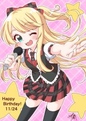 Rule 34 | 1girl, birthday, blonde hair, blush, bow, child, collar, collared shirt, commentary request, frilled skirt, frills, green eyes, hair bow, happy birthday, highres, himesaka noa, holding, holding microphone, long hair, looking at viewer, microphone, music, necktie, one eye closed, open mouth, outstretched arm, outstretched hand, plaid, plaid background, plaid bow, plaid necktie, plaid neckwear, plaid skirt, shirt, short sleeves, signature, singing, sketch, skirt, smile, solo, star (symbol), thick eyebrows, thighhighs, usagi koushaku, vest, watashi ni tenshi ga maiorita!, white collar