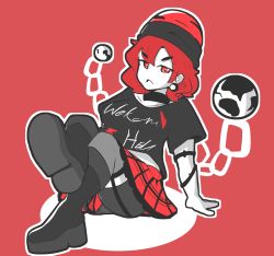 Rule 34 | 1girl, bike shorts, boots, breasts, chain, clothes writing, collar, earrings, earth (planet), eyebrows, fishnets, hecatia lapislazuli, highres, jewelry, kappamin, patterned clothing, planet, red eyes, red hair, simple background, skirt, touhou