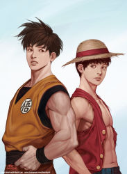 Rule 34 | 2boys, aura, black hair, commentary, crossover, dougi, dragon ball, english commentary, genki dama, hat, in-hyuk lee, looking at viewer, male focus, midriff peek, monkey d. luffy, multiple boys, muscular, muscular male, navel, one piece, open clothes, open shirt, short hair, simple background, son goku, straw hat
