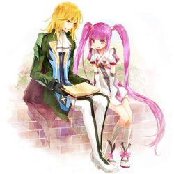 Rule 34 | 1boy, 1girl, alternate costume, ascot, bad id, bad pixiv id, blonde hair, book, cropped jacket, detached sleeves, gloves, official alternate costume, open book, purple eyes, purple hair, reading, richard (tales), shorts, sitting, sophie (tales), tales of (series), tales of graces, three plates, twintails, white shorts, yellow eyes
